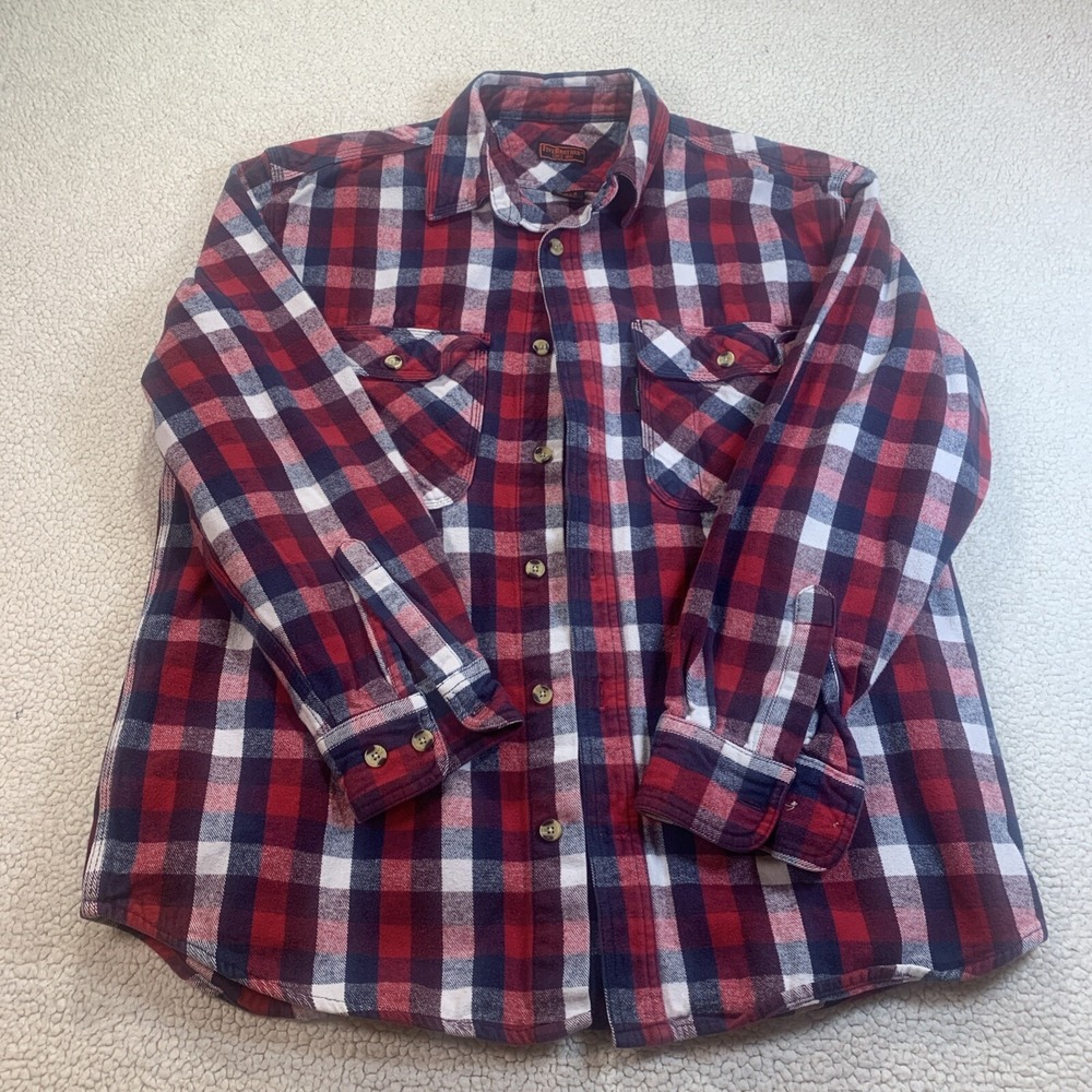 FiveBrother‎ Flannel Shirt Mens L Red White Blue Plaid Button Down Heavyweight